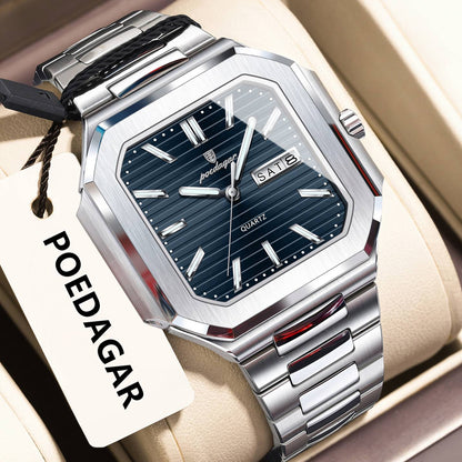 POEDAGAR Square Fashion Man Wristwatch Waterproof Luminous Date Week Quartz Men's Watches Stainless Steel Luxury Men Watch Reloj