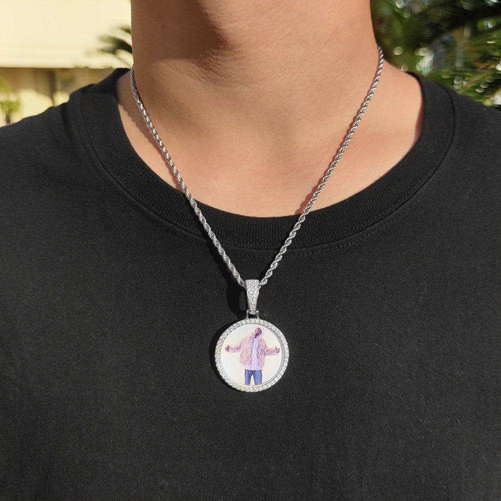 Wholesale Custom Photo Pendant Memory Medallions Rotary Double-Sided Picture Necklace Hip Hop Iced Jewelry Personalized Gift