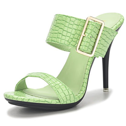 New Summer Buckle Strap Outside Women Slipper  Open Toe High Heeled 10CM Women's Sandals Thin Heels Neutral Slippers Party Pumps