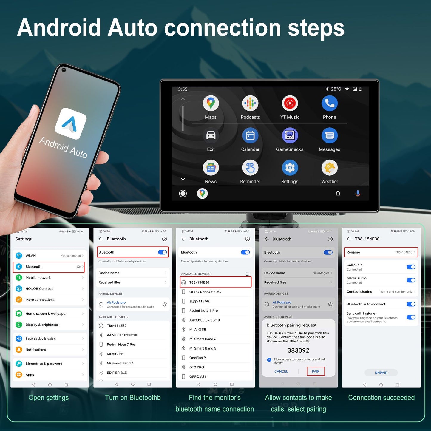 Player de Vídeo Multimídia de Rádio para Espelho de Carro Portátil de 9" Universal Sem Fio CarPlay Android Auto Tela Bluetooth AUX TF GPS DVR