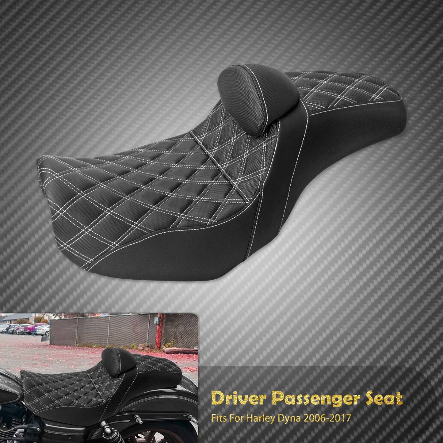 Assento de motocicleta para motorista e passageiro com encosto, almofadas de couro, assento de piloto para Harley Dyna Low Rider Fat Bob FLD 06-2017