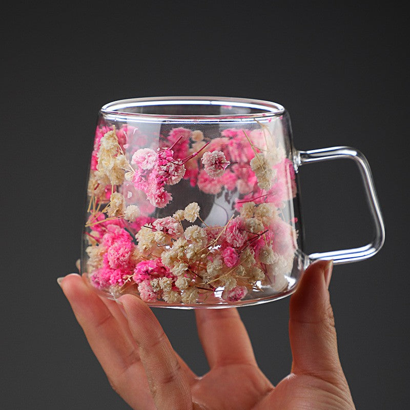 Copo de Vidro de Parede Dupla 200ml Transparente com Padrão de Flores Caneca de Chá Leite Café com Alça Presente para Amigos Copo de Água para Casa