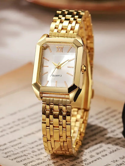 Ladies Quartz Watch Bracelet Set Square Steel Band Minimalist Design Birthday Gift Compact Jewelry Kit without Box