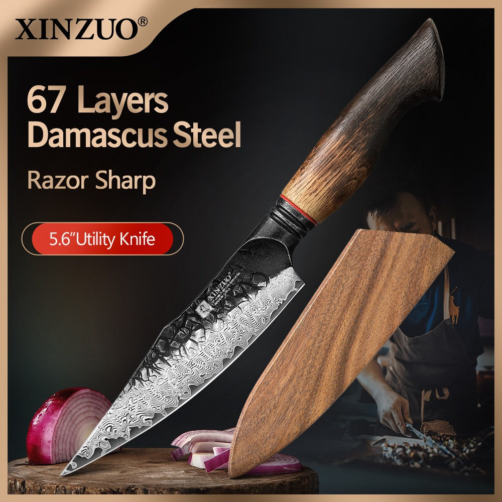 XINZUO 5.5" utility knife, 67 - Layer Damascus Masterpiece, forged with super steel, offers unrivaled sharpness and durability.