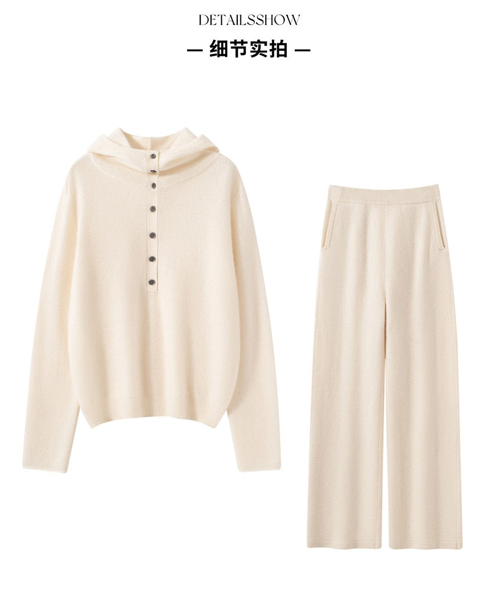 Autumn Winter New 100% Pure Cashmere Women Half Open Front Hoodie Set Knitted Two Piece Pullover Knitwear Wide Leg Pants