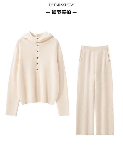Autumn Winter New 100% Pure Cashmere Women Half Open Front Hoodie Set Knitted Two Piece Pullover Knitwear Wide Leg Pants