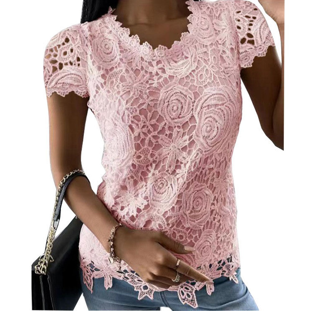 Women Lace Blouse Tops Summer V Neck Short Sleeve Lace Patchwork OL Blouse Shirts LRFZ-9911