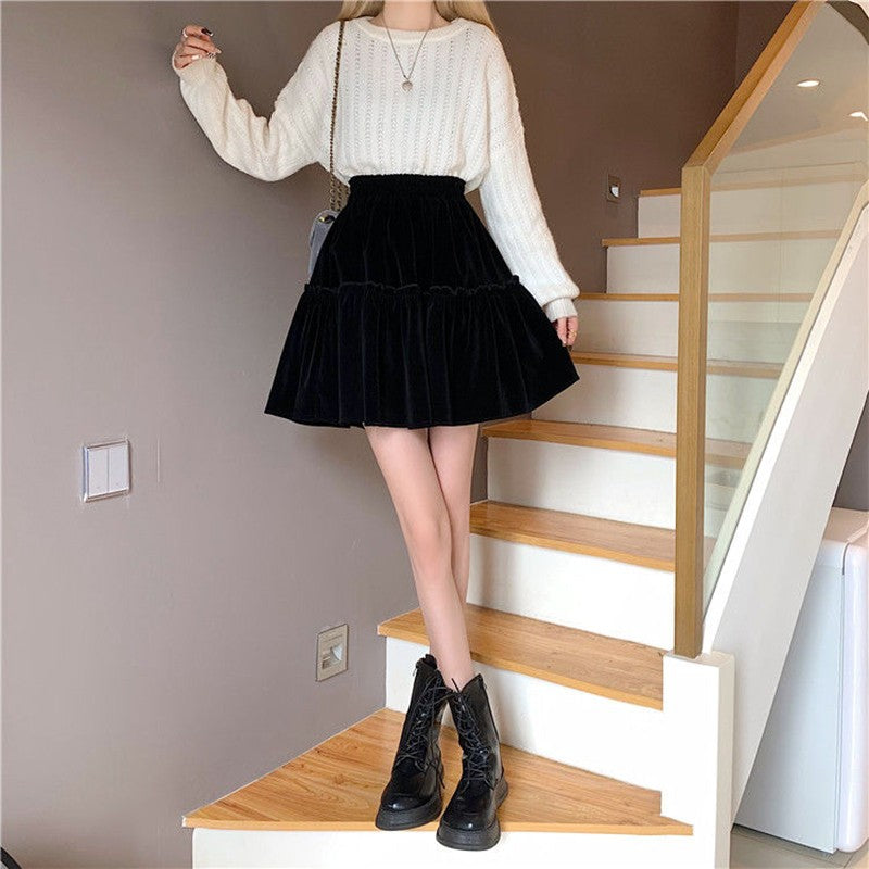 Black Velvet Patchwork Mini Skirt Women Sweet Solid A Line High Waist Skirt Fashion Pretty Style Pleated Summer Student Skirt