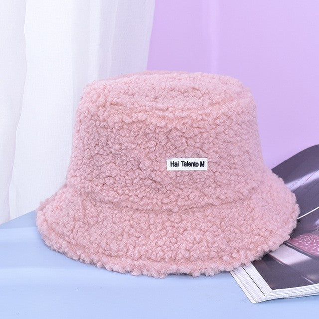 Women Appa Bucket Hat Lamb Wool Hat Winter Warm Fishing Caps Faux Fur Arrow Symbol Printed Bucket Hat for Men Tide Flat Top Hats