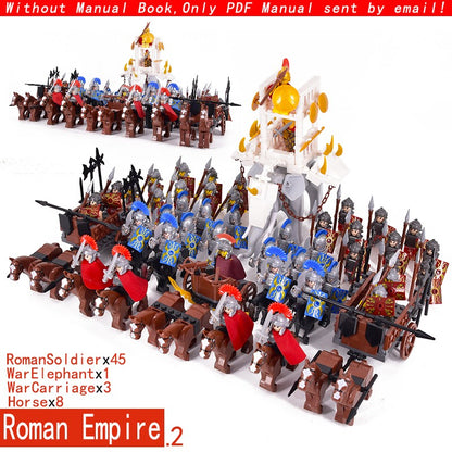 MOC Império Romano Exército Espartano Soldado Medieval Carruagem Blocos de Montar Tijolos Brinquedos de Capacete de Guerra Militar Antiga Para Crianças