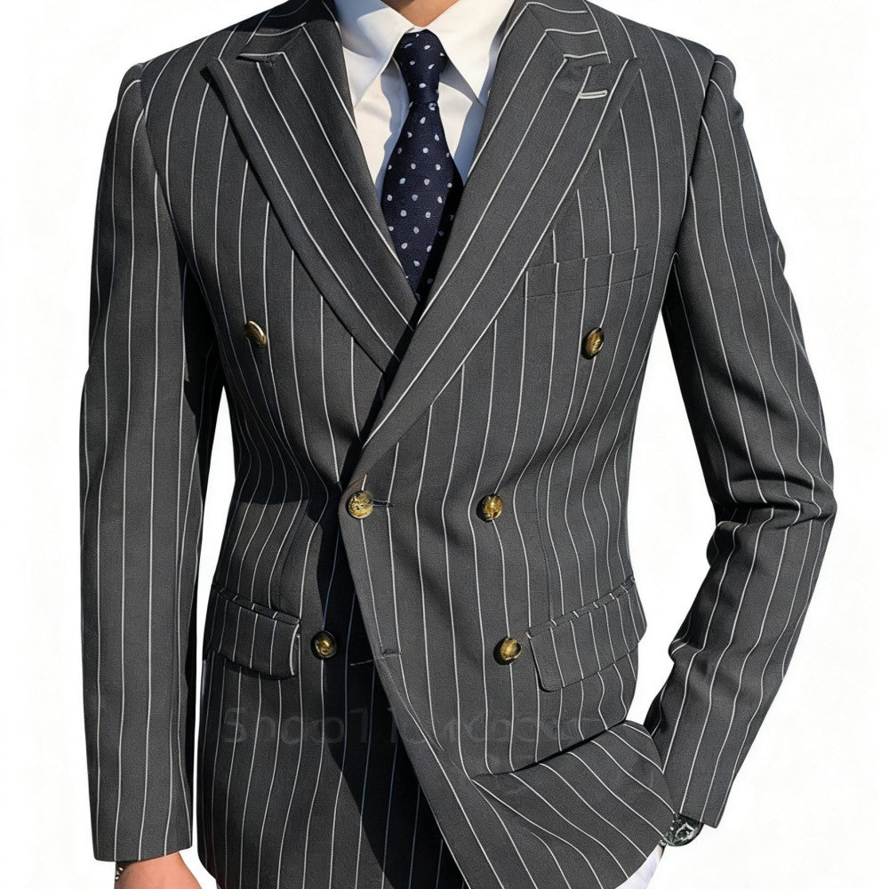Men's Brown Striped Blazer Double Breasted Jacket Peak Lapel Spring New Style Male Outerwear