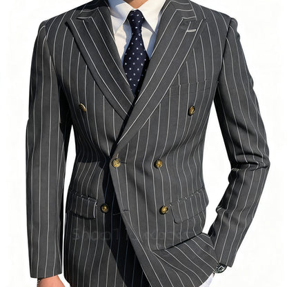 Men's Brown Striped Blazer Double Breasted Jacket Peak Lapel Spring New Style Male Outerwear