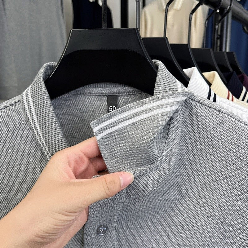 100Cotton Luxury Quality Men's Polo Shirt Striped Collar Breathable V-Print Long Sleeve Autumn Lapel T-Shirt Business Menswear