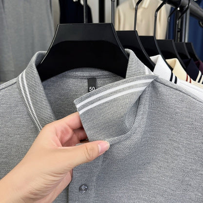 100Cotton Luxury Quality Men's Polo Shirt Striped Collar Breathable V-Print Long Sleeve Autumn Lapel T-Shirt Business Menswear