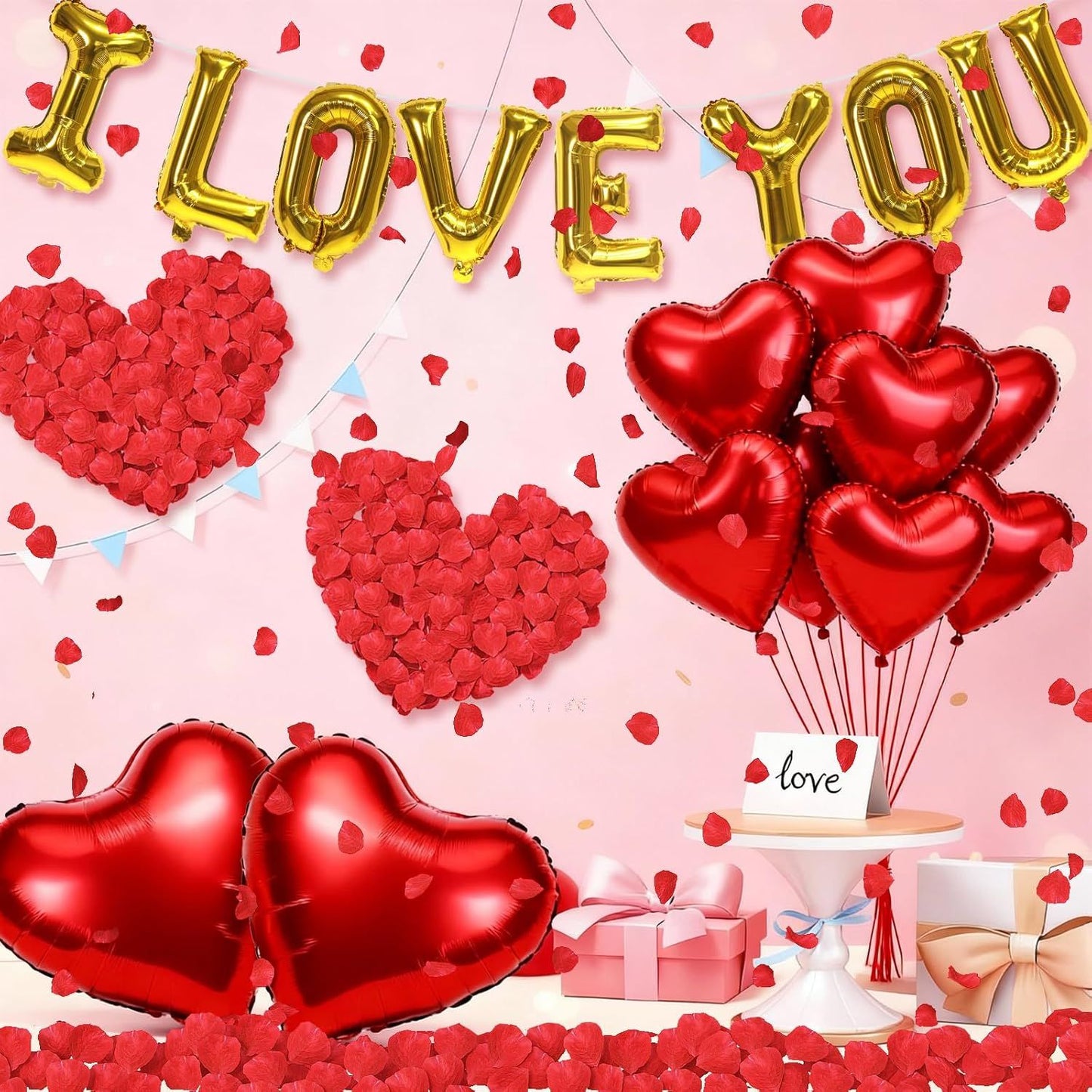 I Love You/Red Heart Love Foil Balloon 1000Pcs Rose Petals for Wedding Anniversary Valentine Day Romantic Special Night Party