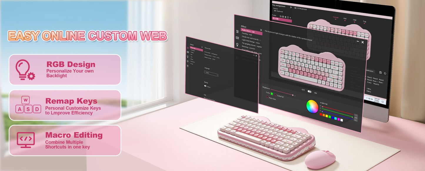 Teclado Mecânico Sem Fio Rosa YUNZII C75, Teclado RGB Hotswap Cremoso 75%, Suporte Gasket Design Cute Cake para Win/Mac/Gaming
