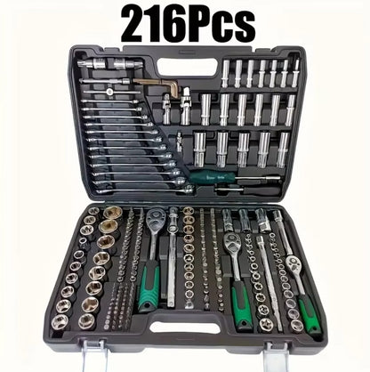 216-Piece Professional Socket Set - 1/2" 3/8" 1/4" Drive SAE & Metric, 72-Tooth Ratchet for Automotive & Home Repair