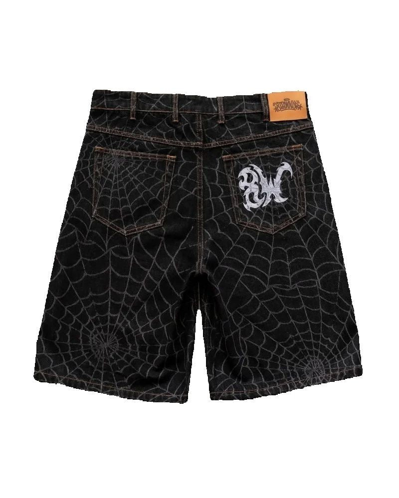2025 New Street Hip-hop Retro Spider Web Fashion Loose Denim Shorts Men American Harajuku Y2K Casual Punk Straight Pants Women