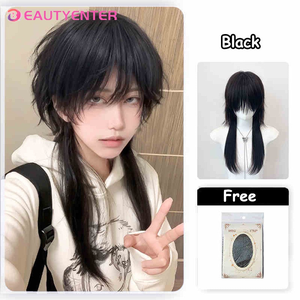 Peruca Curta Mullet Cabeça Sintética Lisa Dourado Preto Fofo Natural Rabo de Lobo Cabelo Masculino e Feminino Peruca para Festa Diária Cosplay