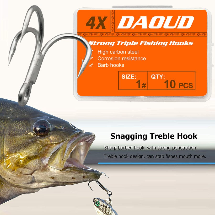 Anzol Triplo 4X para Pesca Pesada Traíra Anchova Salmão Rei Pesca 10 Peças 8# 6# 4# 2# 1# 1/0 2/0 3/0