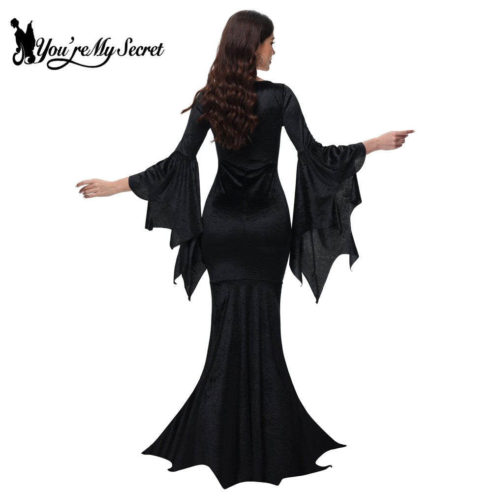 [You're My Secret] Halloween Morticia Adams Primate Black Adams Family Dress Retro Gothic Flared Sleeve Fishtail Dress Vestido