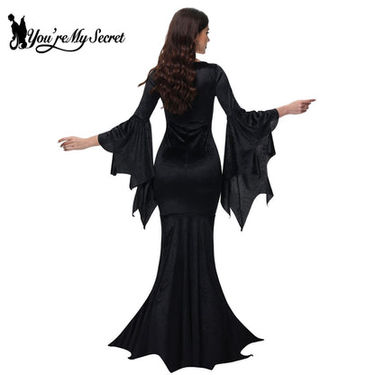 [You're My Secret] Halloween Morticia Adams Primate Black Adams Family Dress Retro Gothic Flared Sleeve Fishtail Dress Vestido