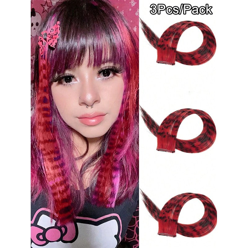 3Pcs Leopard Print Hair Extensions Synthetic Stripe Printed Hair Piece Colorful Long Straight Clip In Hair For Women Girls Party