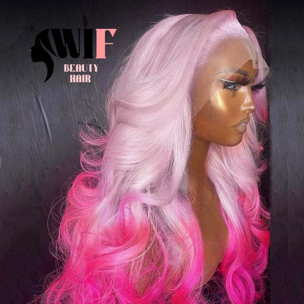 Peruca Sintética WIF Ombre Pink Wave para Mulheres, Usada em Cosplay, Ondas Corporais, Linha do Cabelo Natural, Perucas Lace Front, Raiz do Cabelo Rosa Claro