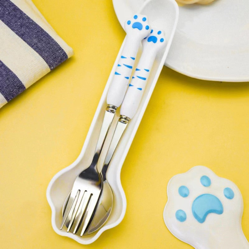 Conjunto de Talheres de Pata de Gato Fofa Garfo e Colher de Aço Inoxidável com Caixa de Armazenamento Louça Talheres Prata Acessórios para Almoço Bento