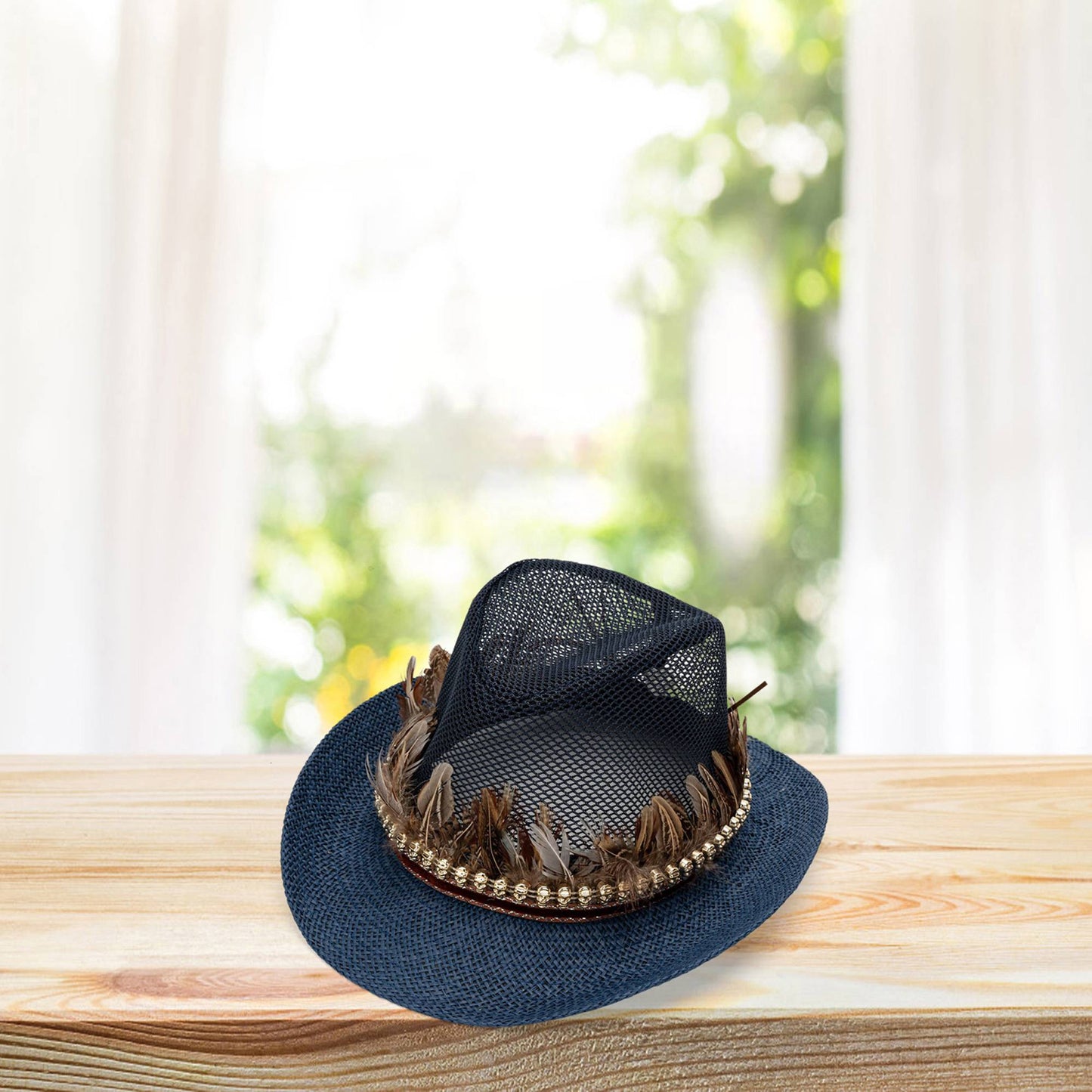 Vintage Style Women Men Feather Hat Elegant Mesh Wide Brim Sun Hat for Casual Party and Outdoor Events