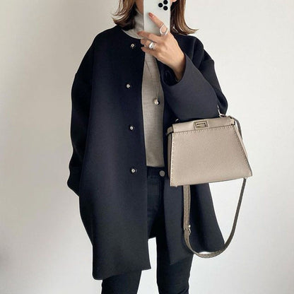 Women Round Collar Long Sleeve Double Breasted Button Woolen Blends Autumn Winter Thicken Loose Overcoats JYFS-1222