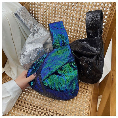 Ladies Trendy Fashion Reversible Sequin Evening Clutch Purse Women Girls Small Glitter Wrist Knot Bag