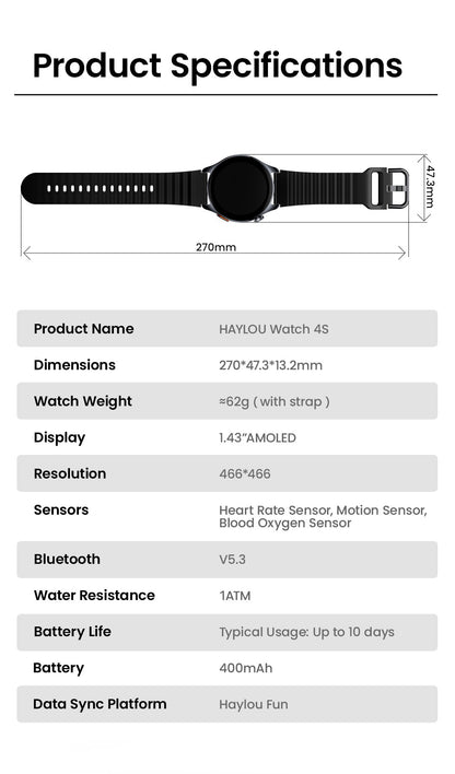 Smartwatch HAYLOU Watch 4S GPS, tela AMOLED HD de 1.43", posicionamento GPS de 5 satélites, mais de 120 modos de treino, relógio inteligente de esporte e fitness