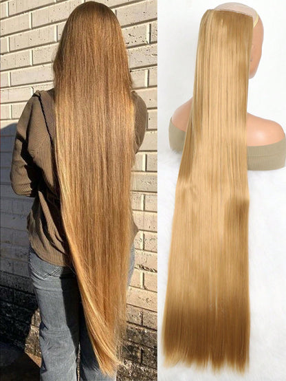 Aosiwig Sintético Super Longo Liso 100cm 5 Presilhas Extensão de Cabelo Natural Preto Loiro Aplique Postiço para Mulheres
