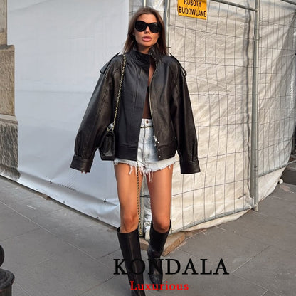 KONDALA Casual Chic Black Leather Jackets Women Long Sleeve Buttons Elastic Oversized Coats Fashion 2025 Fall Streetwear Coats