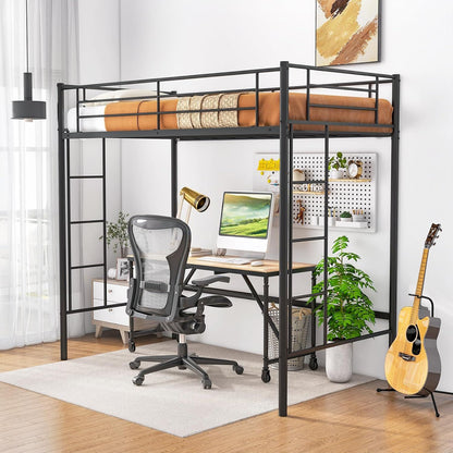Metal Twin Size Loft Bed Frame with Dual Ladders & Safety Guardrail, No Box Spring Needed, Space-Saving for Juniors Teen
