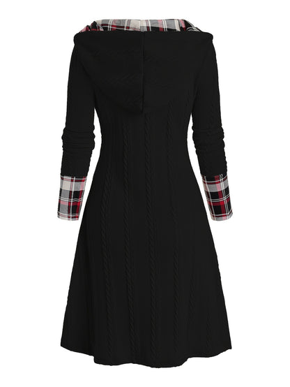 Knitted hooded dress plaid print stitching fake buckle high waist long sleeve A-line dress female
