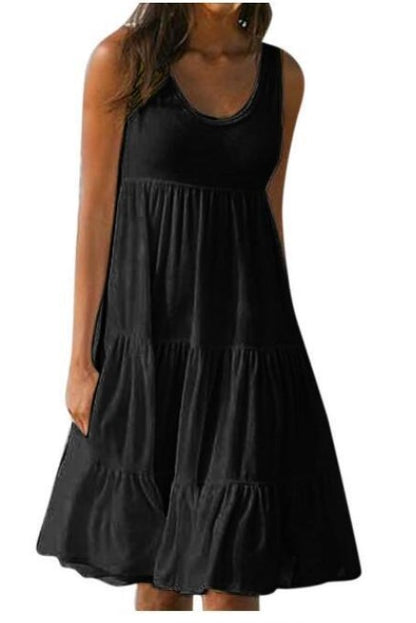 Plus Size Women Causual O Neck Sleeveless Ruffles Mini Dress Boho Solid Beach Sundress Oversized Loose Dress 2025 Summer