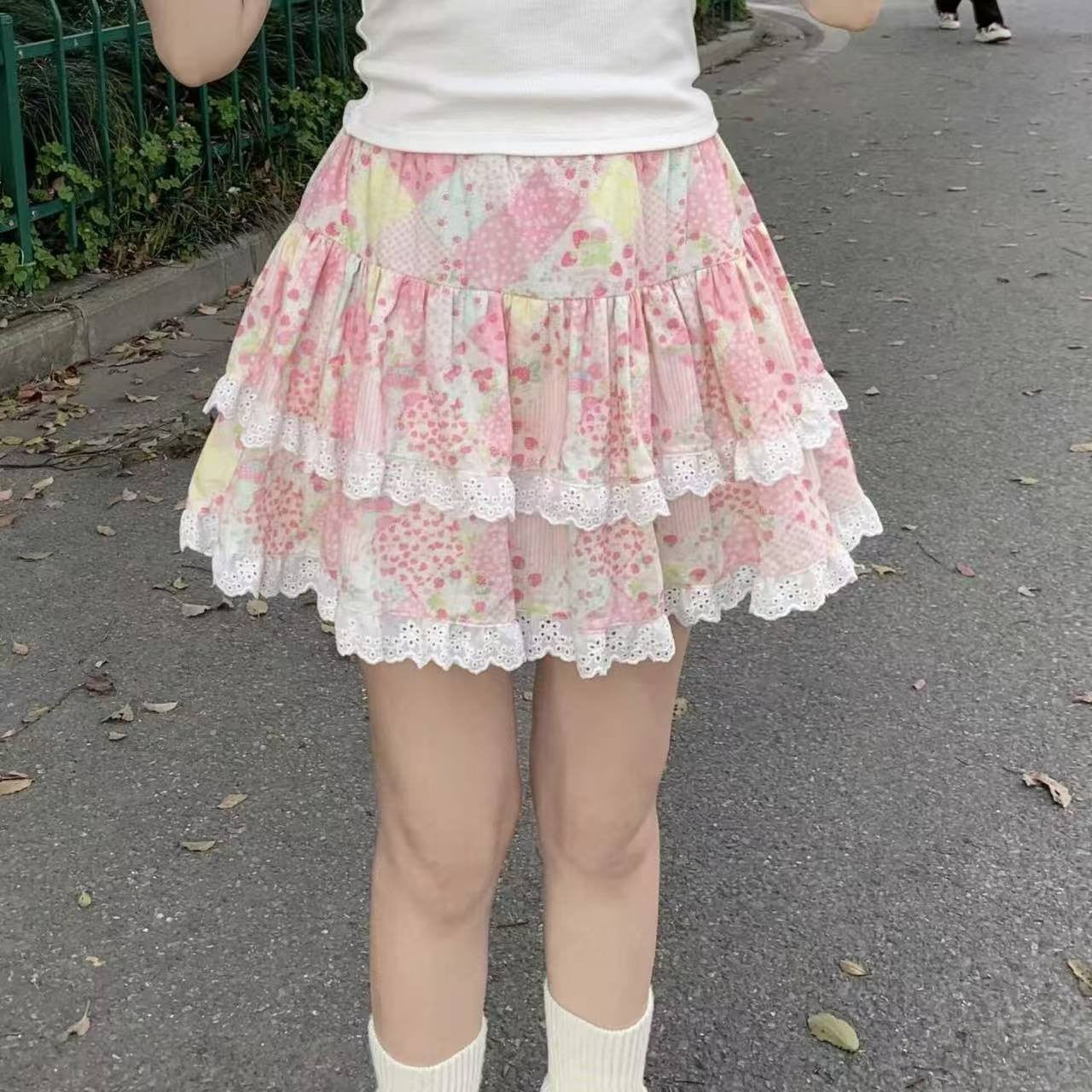 Sweet Cute Lace Cake Skirt Kawaii Lolita Japanese Mini Layered Ruffles Skirts Y2k Harajuku Casual Women Summer 2025 Skirts