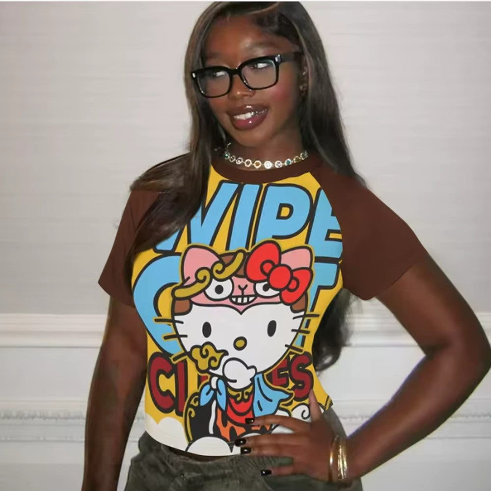 2025 New Hello Kitty T-shirt Anime Sanrio Fashion Short Tops Y2k Summer Cute Tees Cartoon Print High Street Women's Short Sleeve