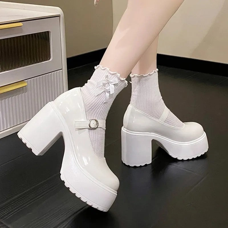 Sapatos Mary Jane Pretos de Salto Agulha Feminino 2023 Gótico Plataforma Grossa Bombas Sapatos Femininos Plus Size com Fivela no Tornozelo para Festa Lolita 42