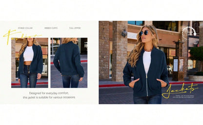 Fisoew women's Quilted Zip Up Jacket Oversized Long Sleeve Party Coat Warm Slim Fit