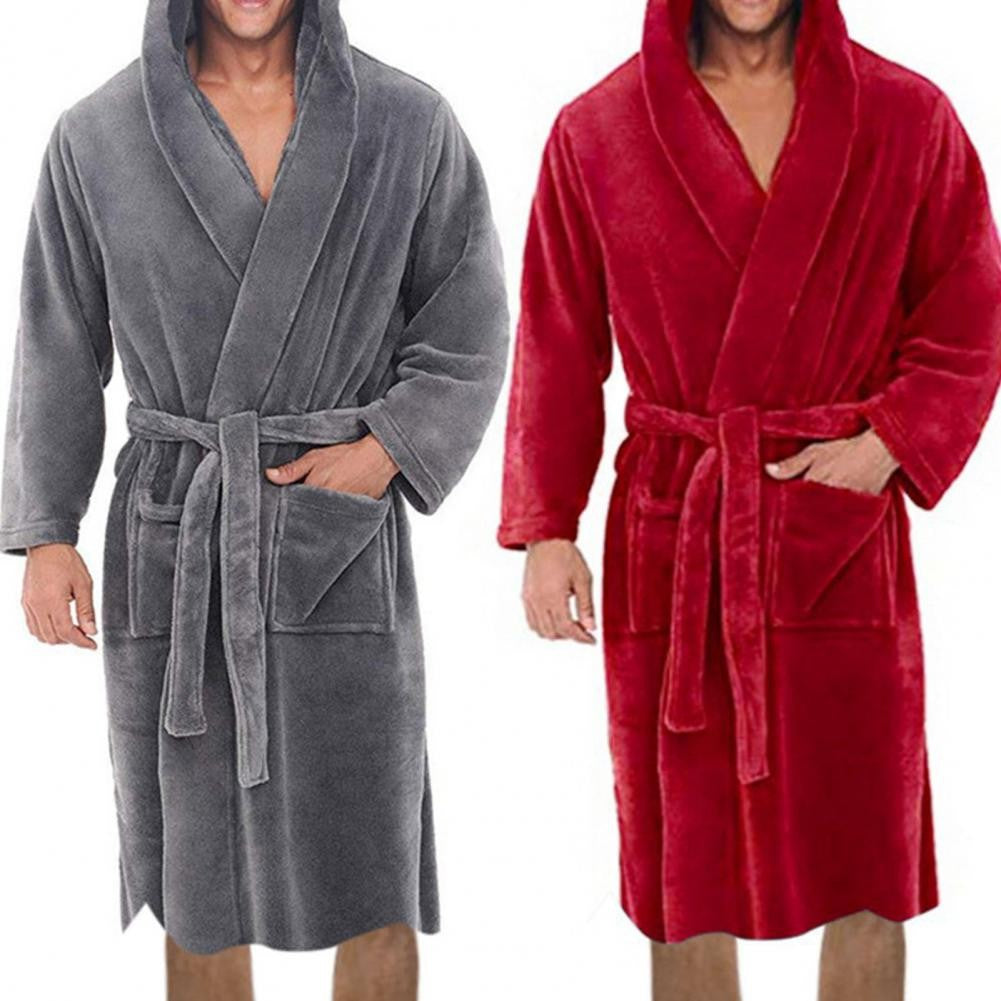 Belt Flannel Bath Robe for Men Hooded Pockets Warm Men Nightgown Men Plush Bathrobe Sleepwear Home Clothes Loose Pajamas Robe