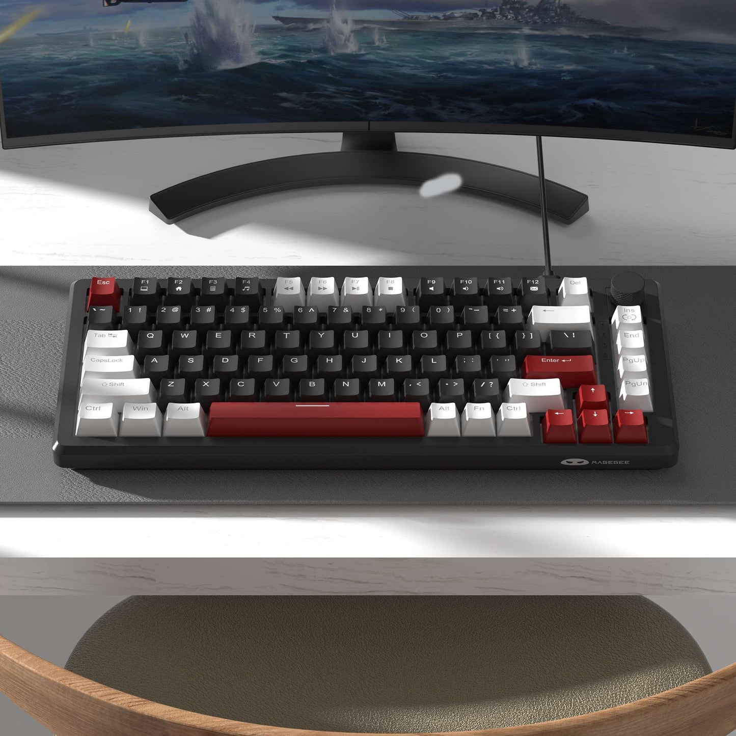 Teclado Mecânico Gamer MageGee 75% com Knob, Teclado Gamer com Fio Retroiluminado Azul Switch Vermelho/Amarelo para PC Windows