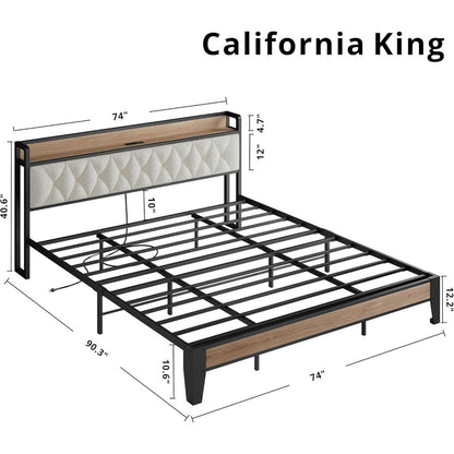 California King Bed Frame, Storage Headboard with Charging Station, Platform Bed Frame with Strong Metal Support, Sturdy