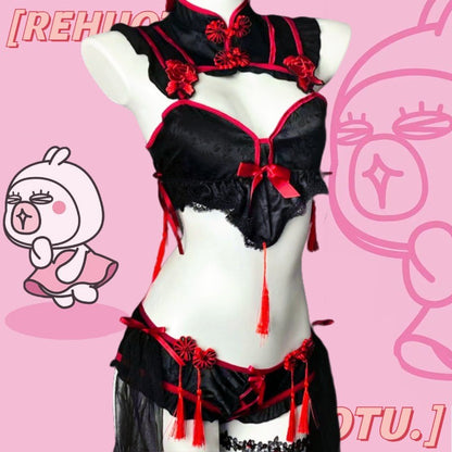 Gothic Vintage Cheongsam Lingerie Dress Maid Cosplay Uniform Lolita Lace Embroidery Underwear Set Sexy Halloween Sweet Costume