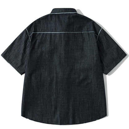 Vintage Raw Edge Denim Shirts Mens Streetwear Harajuku Short Sleeve Shirt Men Loose Casual Cargo Blouse Japan Style Tops Male