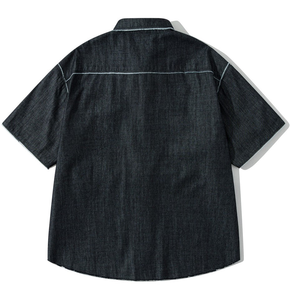 Vintage Raw Edge Denim Shirts Mens Streetwear Harajuku Short Sleeve Shirt Men Loose Casual Cargo Blouse Japan Style Tops Male