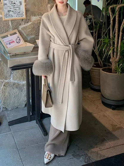 [EWQ] Wool Fox Fur Sleeve Women Coat Elegant Clothing Autumn 2025 Winter Double-sided Jacket Big Size Wine Red Overcoats 16O2751