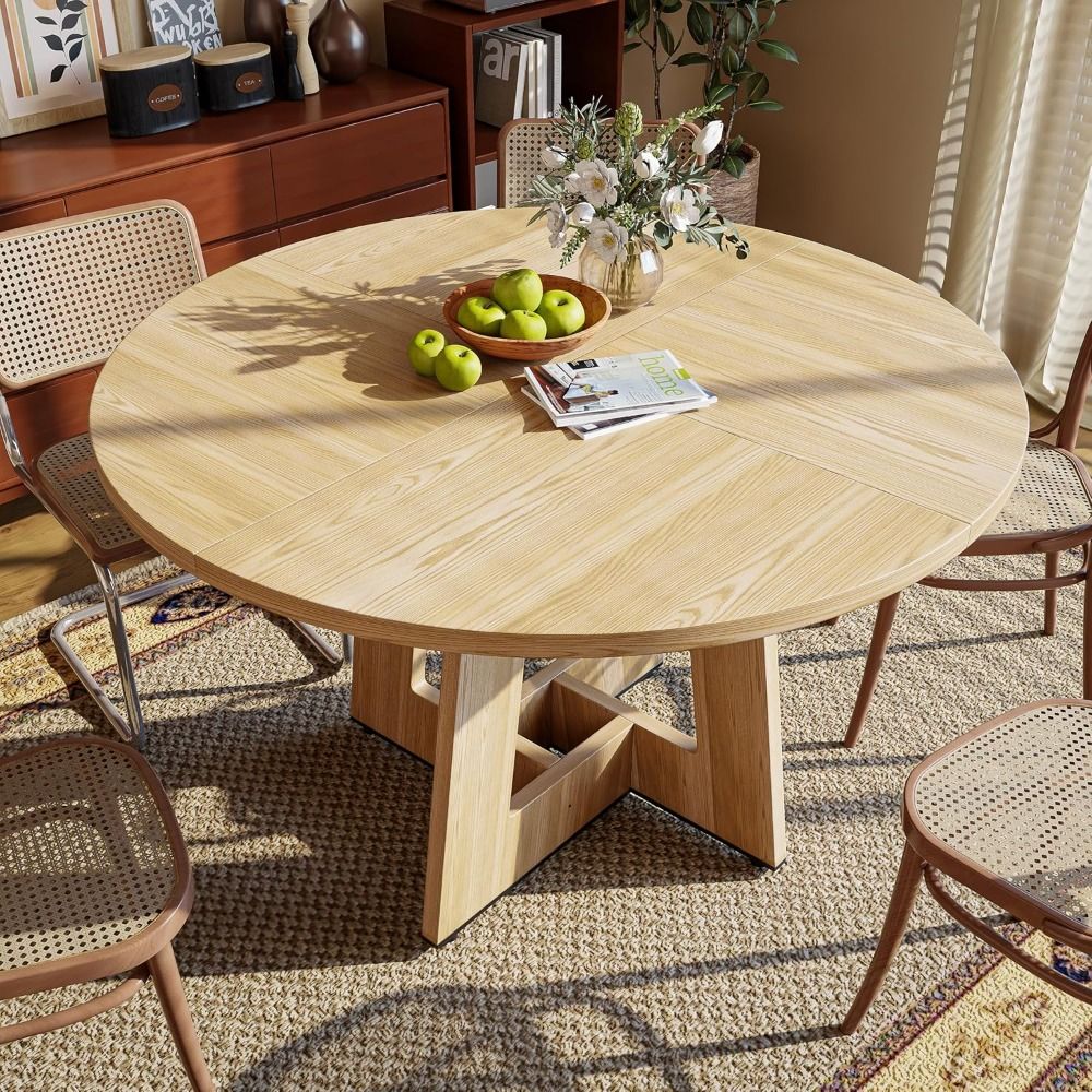 Dining Table for 4, 47 Inch Farmhouse Kitchen Table with Pedestal Base, Rustic Wooded Dinner Table for Dining Room Kitchen